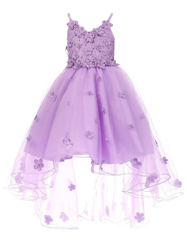 Big Girls Lilac 3D Flower Embedded High Low Tulle Junior Bridesmaid Dress 8-12 - SophiasStyle.com